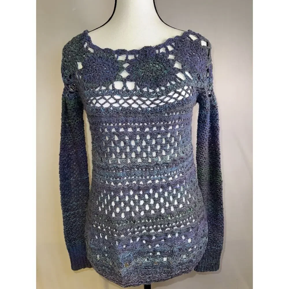 Free People Women’s XS Open Knit Crochet Sweater‎ Boho Festival Purple Blue